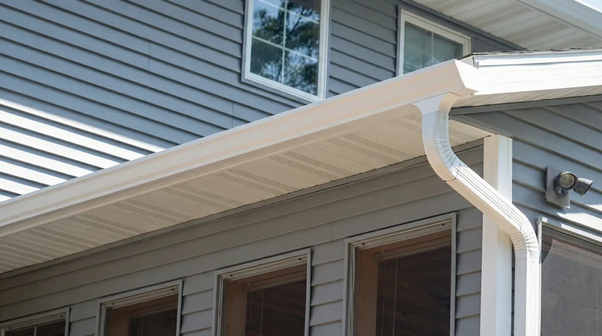 Professional home remodeling project showing newly installed white seamless gutters and downspouts on a house with gray siding in Salt Lake City, UT