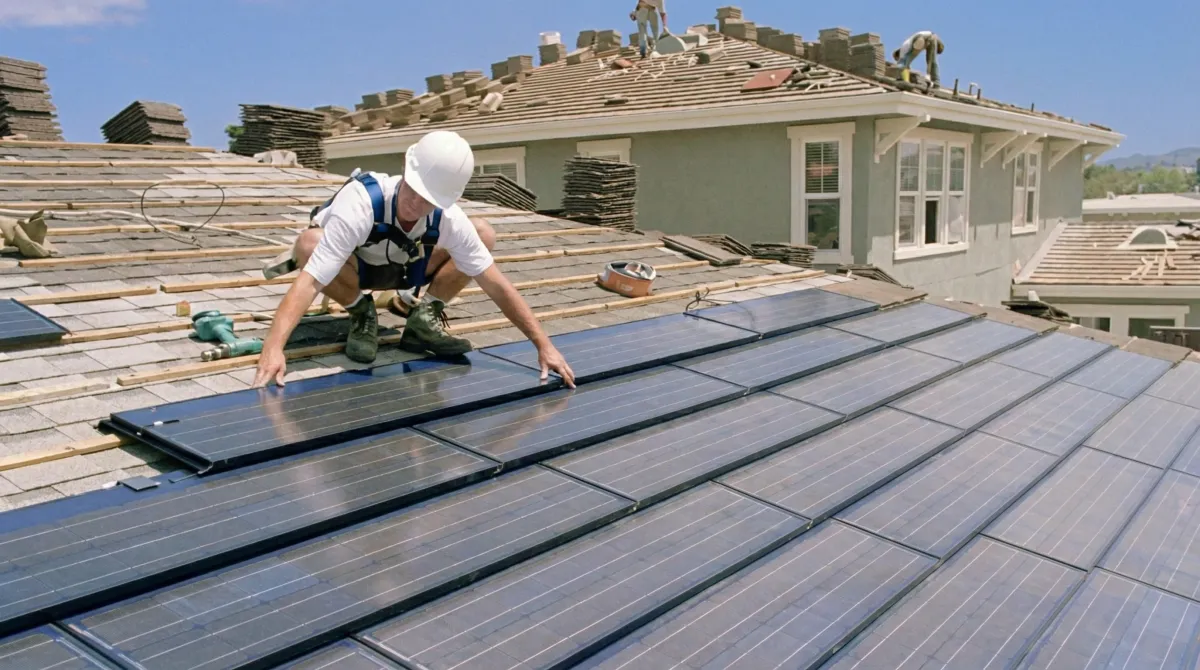 Roof replacement expert installing modern solar shingles on a residential home in Salt Lake City, UT