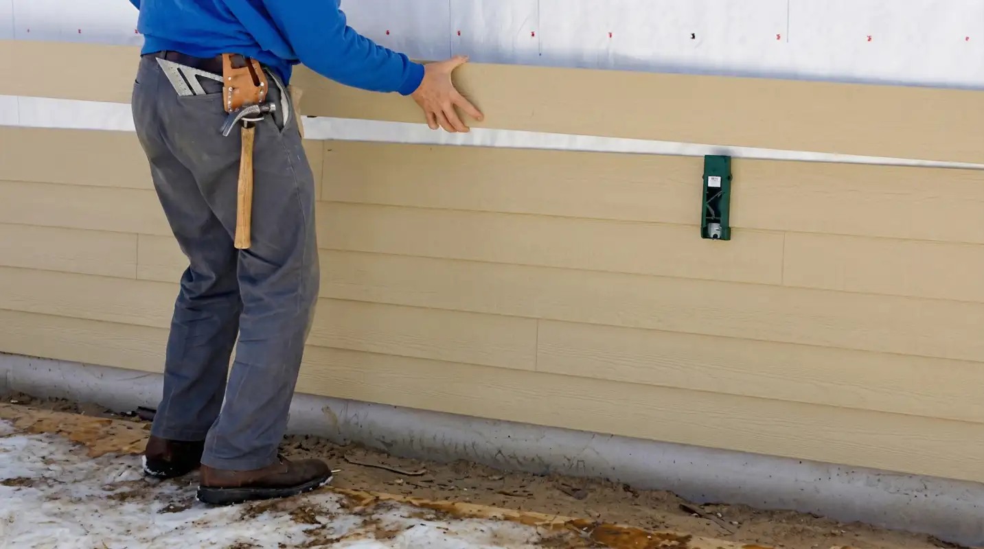 Siding replacement expert carefully aligning a new tan siding panel onto a residential exterior wall in Salt Lake City, UT