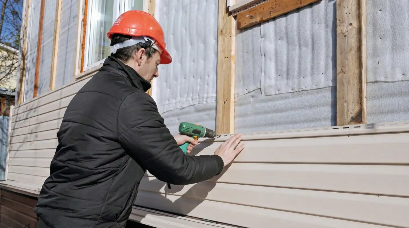 Siding replacement professional using a power drill to install new tan vinyl siding on a home exterior in Salt Lake City, UT
