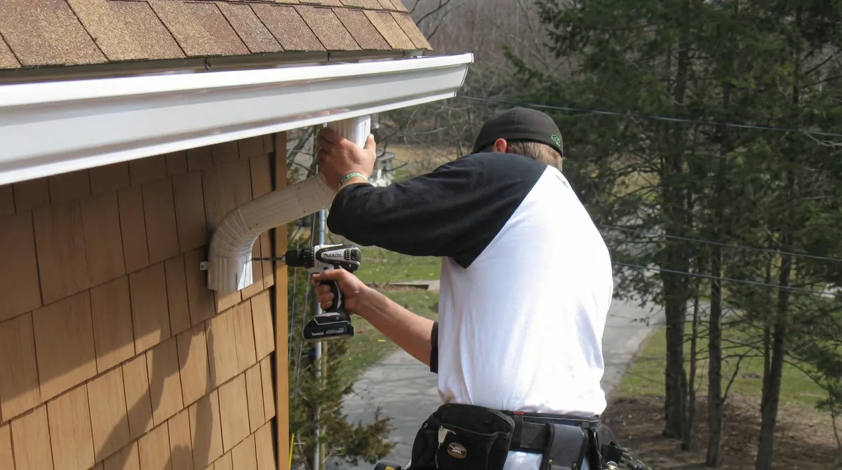 Professional contractor installing tan vinyl siding panels on a residential home exterior in Salt Lake City, UT