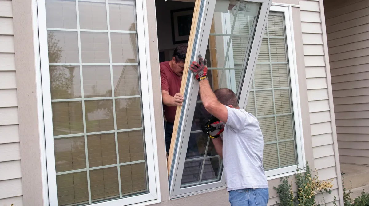 Professional home remodeling team installing a large replacement window on a house with tan siding in Salt Lake City, UT